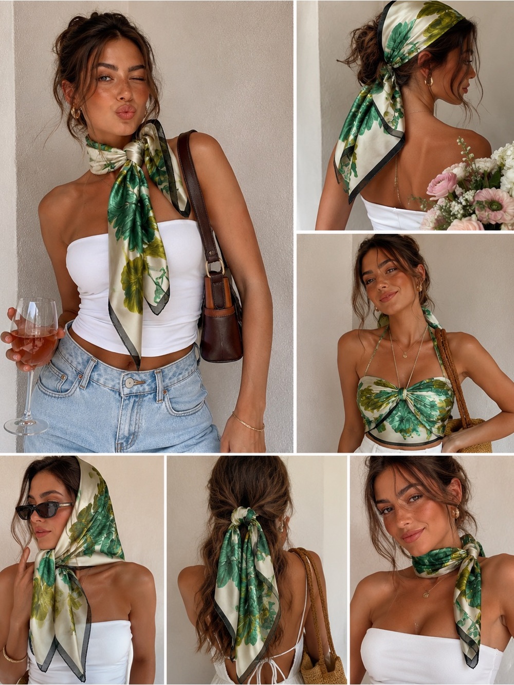 Vintage Made in Italy Satin Botanical Scarf |Green Floral Euro Chic Wrap